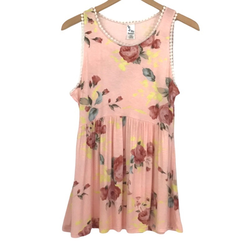 Brendas Pink Floral Sleeveless Tank Top Size L Babydoll-Style Pom-Pom Trim NEW